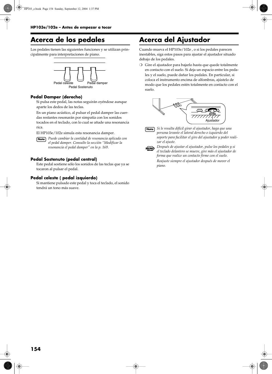 Acerca de los pedales, Acerca del ajustador | Roland HP103e User Manual | Page 156 / 224