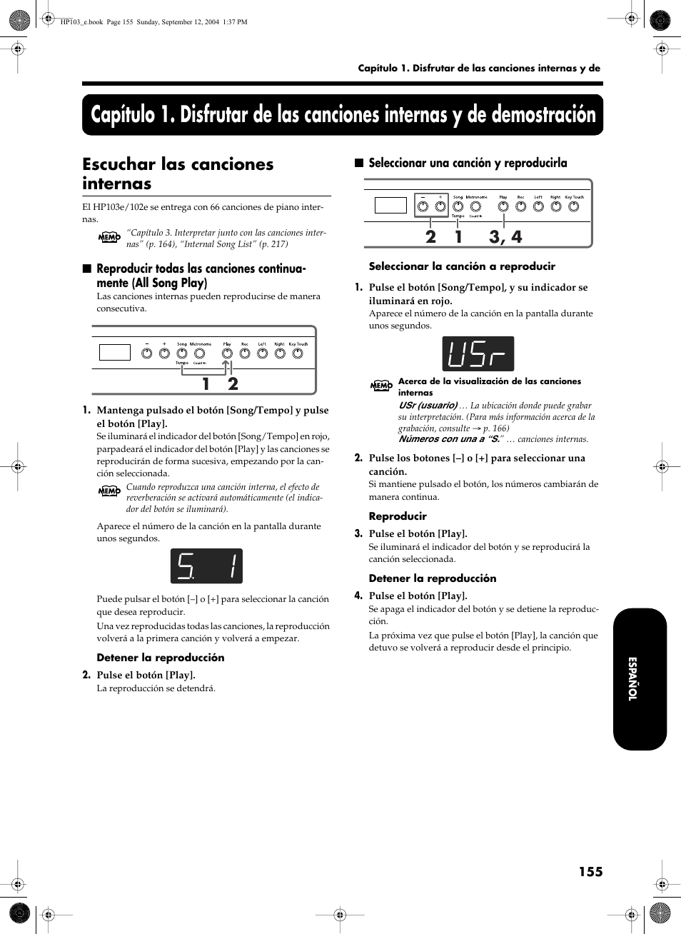 Escuchar las canciones internas | Roland HP103e User Manual | Page 157 / 224