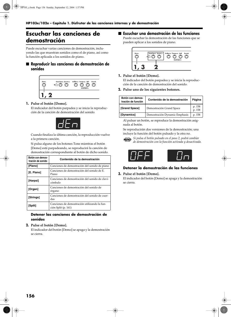 Escuchar las canciones de demostración, Escuchar una demostración de las funciones | Roland HP103e User Manual | Page 158 / 224