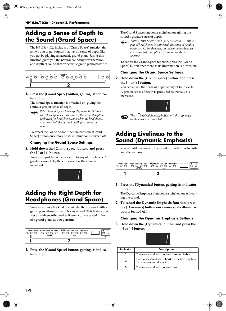 Adding a sense of depth to the sound (grand space), Adding liveliness to the sound (dynamic emphasis) | Roland HP103e User Manual | Page 16 / 224