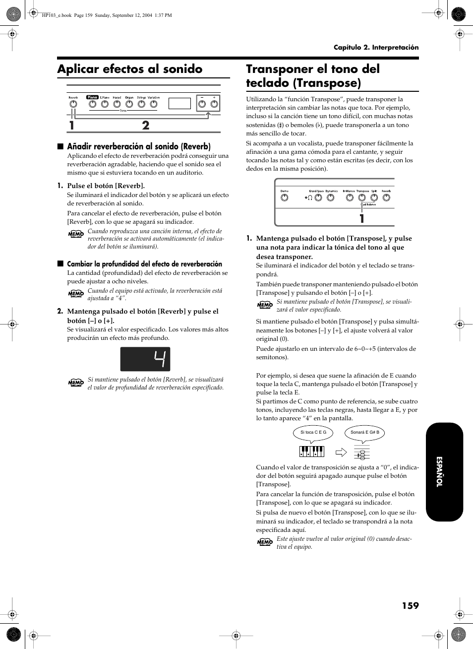 Aplicar efectos al sonido, Transponer el tono del teclado (transpose) | Roland HP103e User Manual | Page 161 / 224