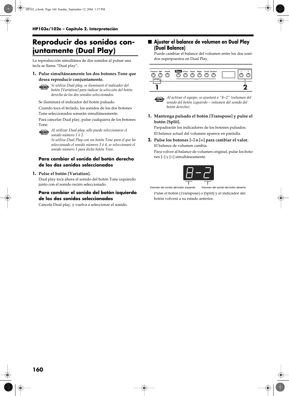 Reproducir dos sonidos con- juntamente (dual play) | Roland HP103e User Manual | Page 162 / 224