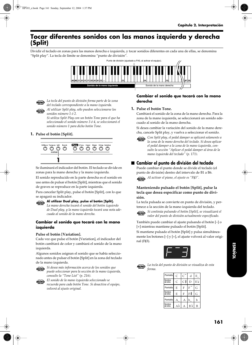 Cambiar el punto de división del teclado | Roland HP103e User Manual | Page 163 / 224