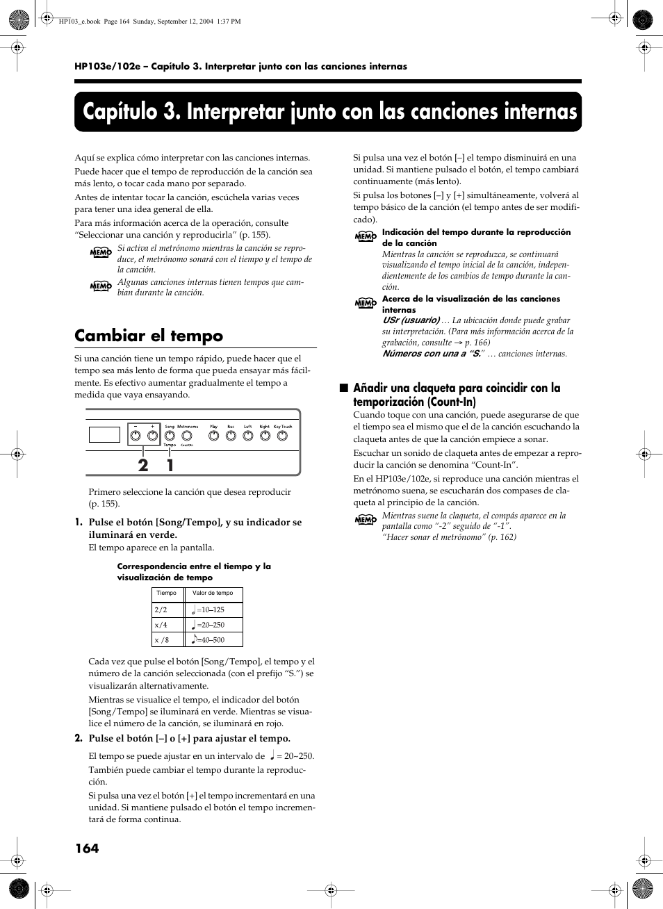 Cambiar el tempo | Roland HP103e User Manual | Page 166 / 224