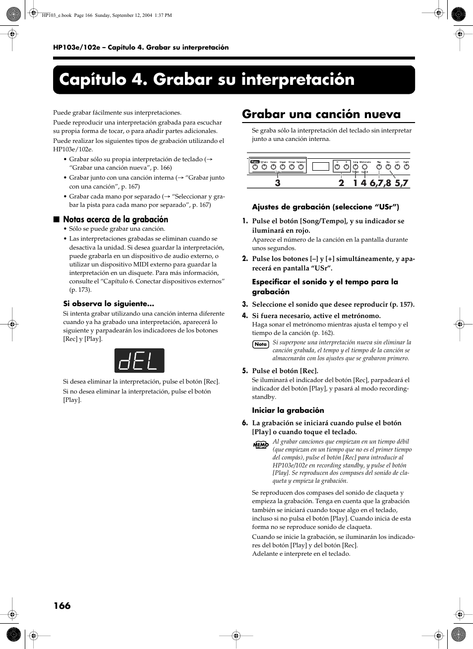 Capítulo 4. grabar su interpretación, Grabar una canción nueva | Roland HP103e User Manual | Page 168 / 224