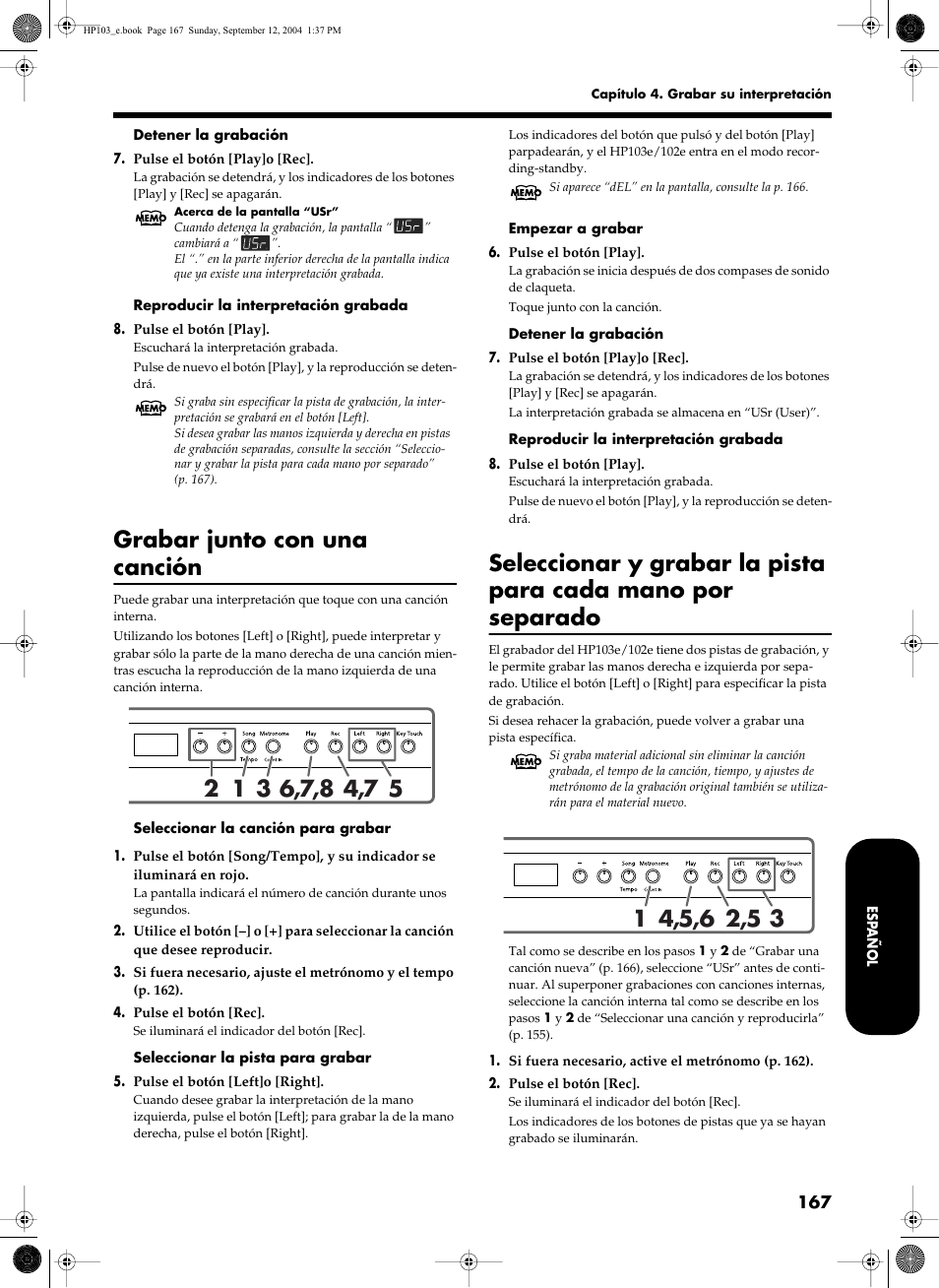 Grabar junto con una canción | Roland HP103e User Manual | Page 169 / 224