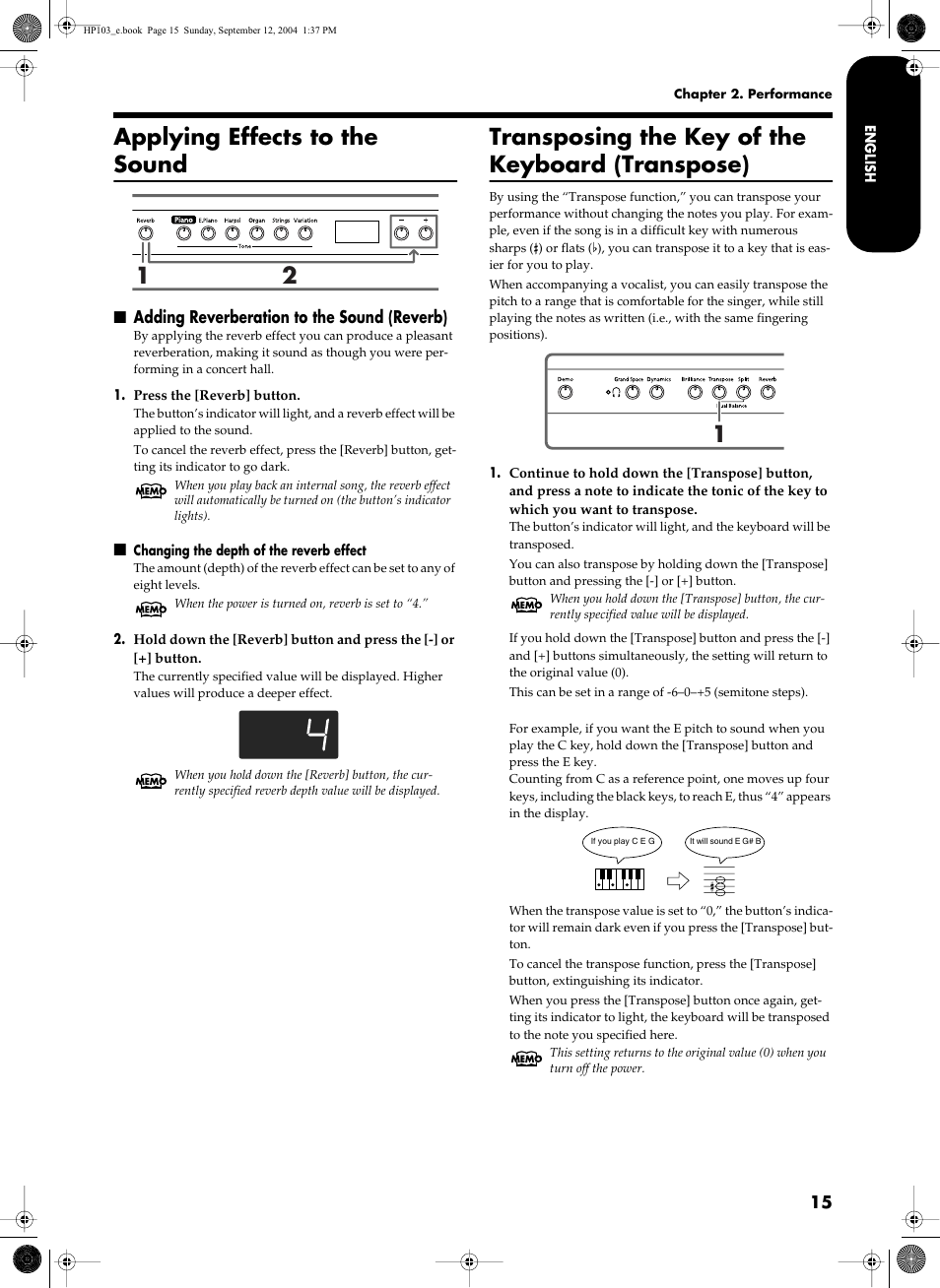 Applying effects to the sound, Transposing the key of the keyboard (transpose) | Roland HP103e User Manual | Page 17 / 224