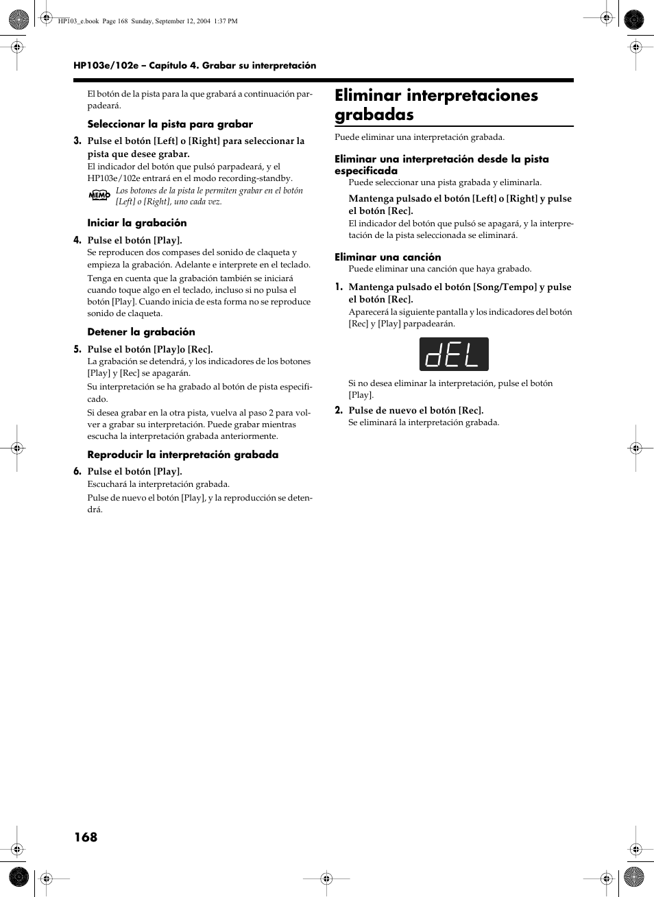 Eliminar interpretaciones grabadas | Roland HP103e User Manual | Page 170 / 224