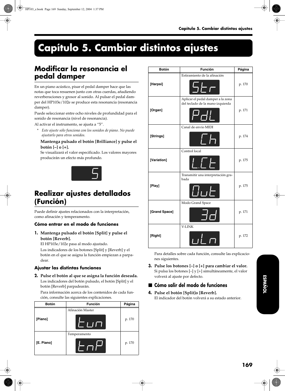 Capítulo 5. cambiar distintos ajustes, Modificar la resonancia el pedal damper, Realizar ajustes detallados (función) | Cómo salir del modo de funciones | Roland HP103e User Manual | Page 171 / 224