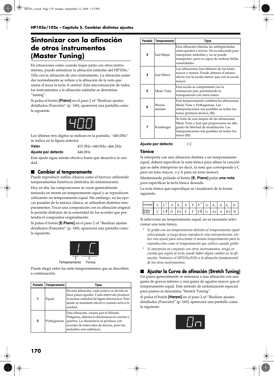 Cambiar el temperamento, Ajustar la curva de afinación (stretch tuning) | Roland HP103e User Manual | Page 172 / 224