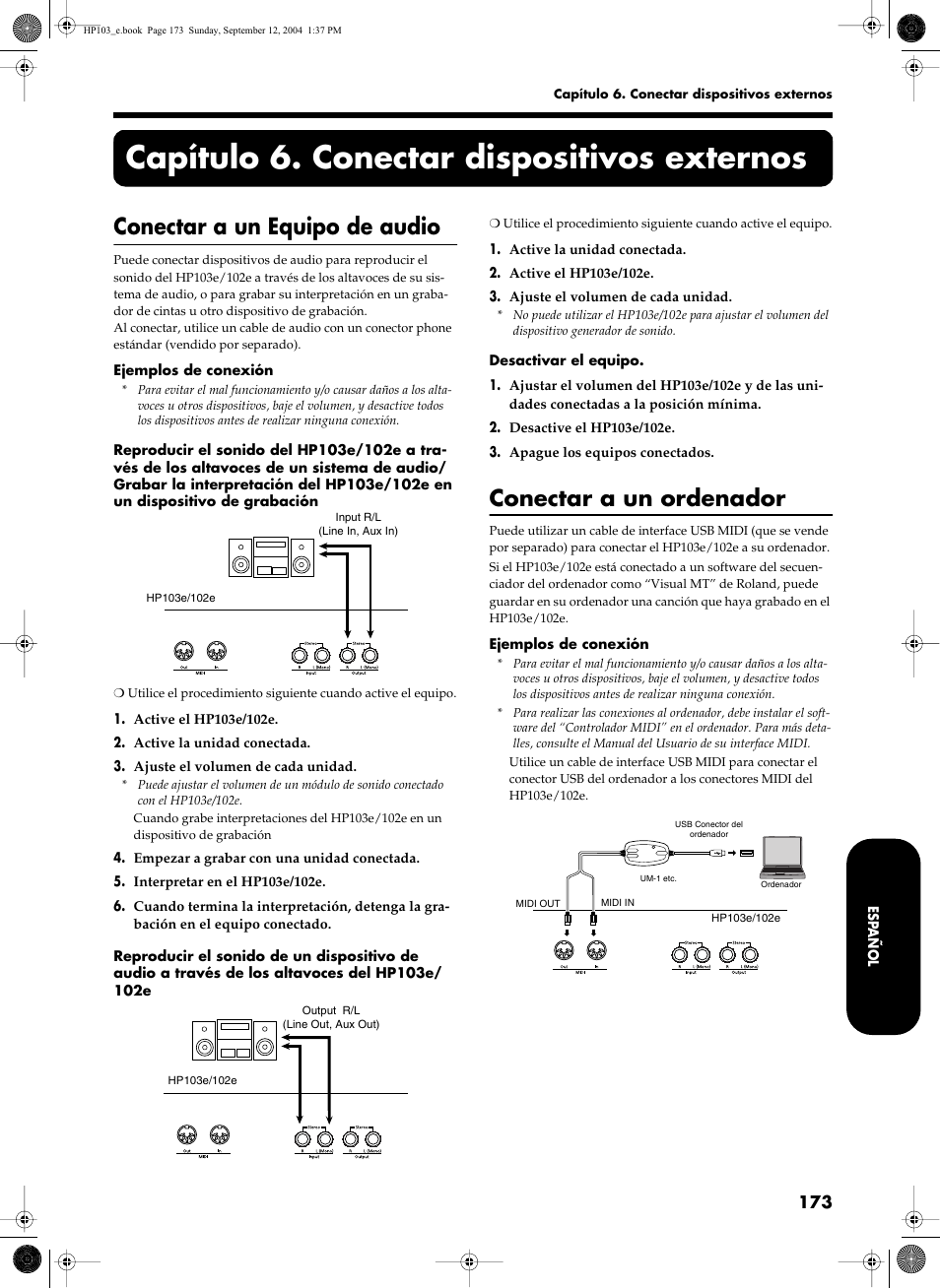 Capítulo 6. conectar dispositivos externos, Conectar a un equipo de audio, Conectar a un ordenador | Roland HP103e User Manual | Page 175 / 224