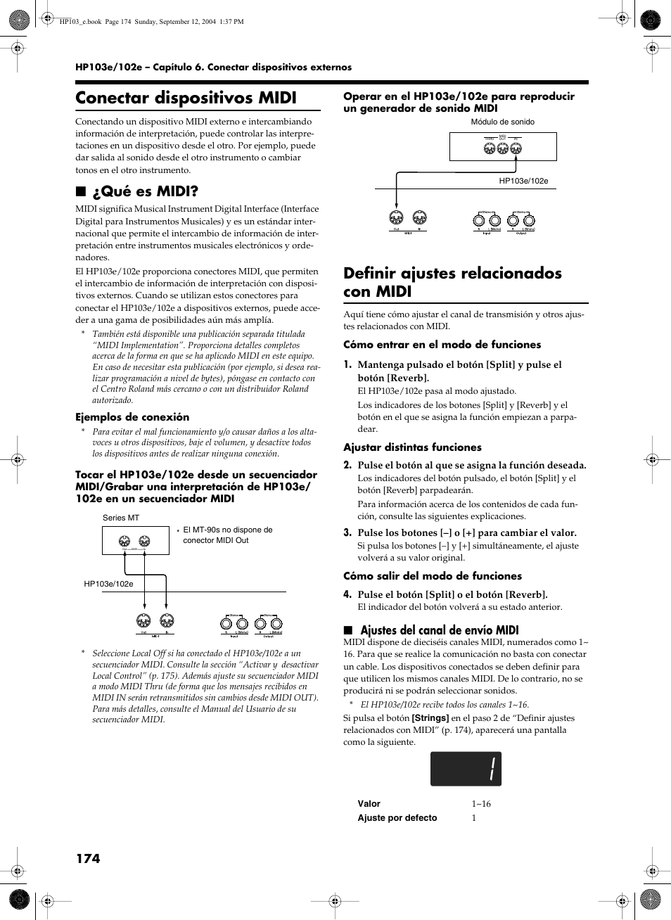 Conectar dispositivos midi, Definir ajustes relacionados con midi, Qué es midi | Ajustes del canal de envío midi | Roland HP103e User Manual | Page 176 / 224