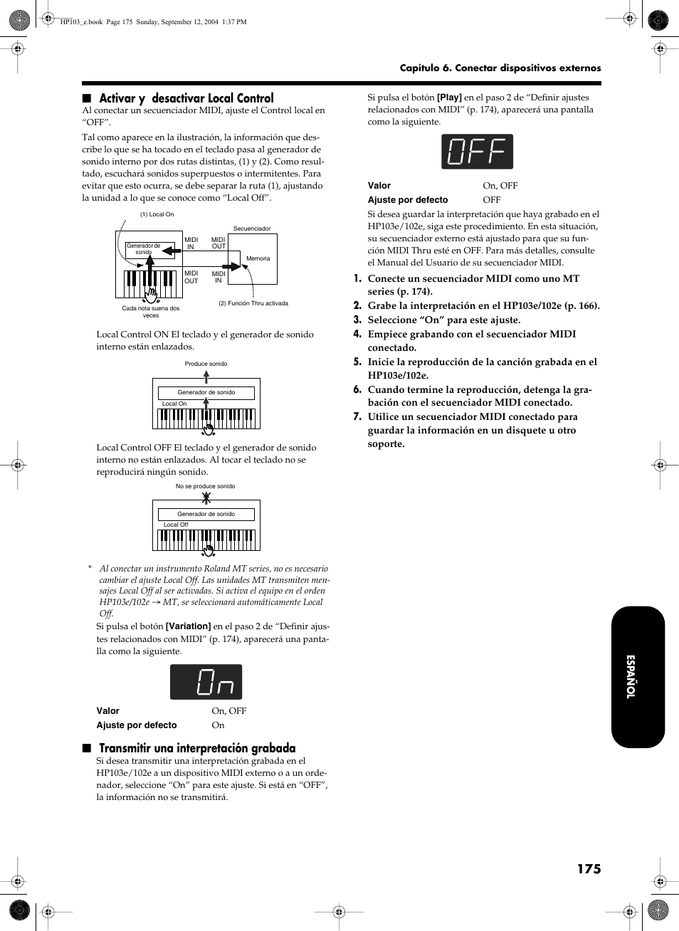 Activar y desactivar local control, Transmitir una interpretación grabada | Roland HP103e User Manual | Page 177 / 224