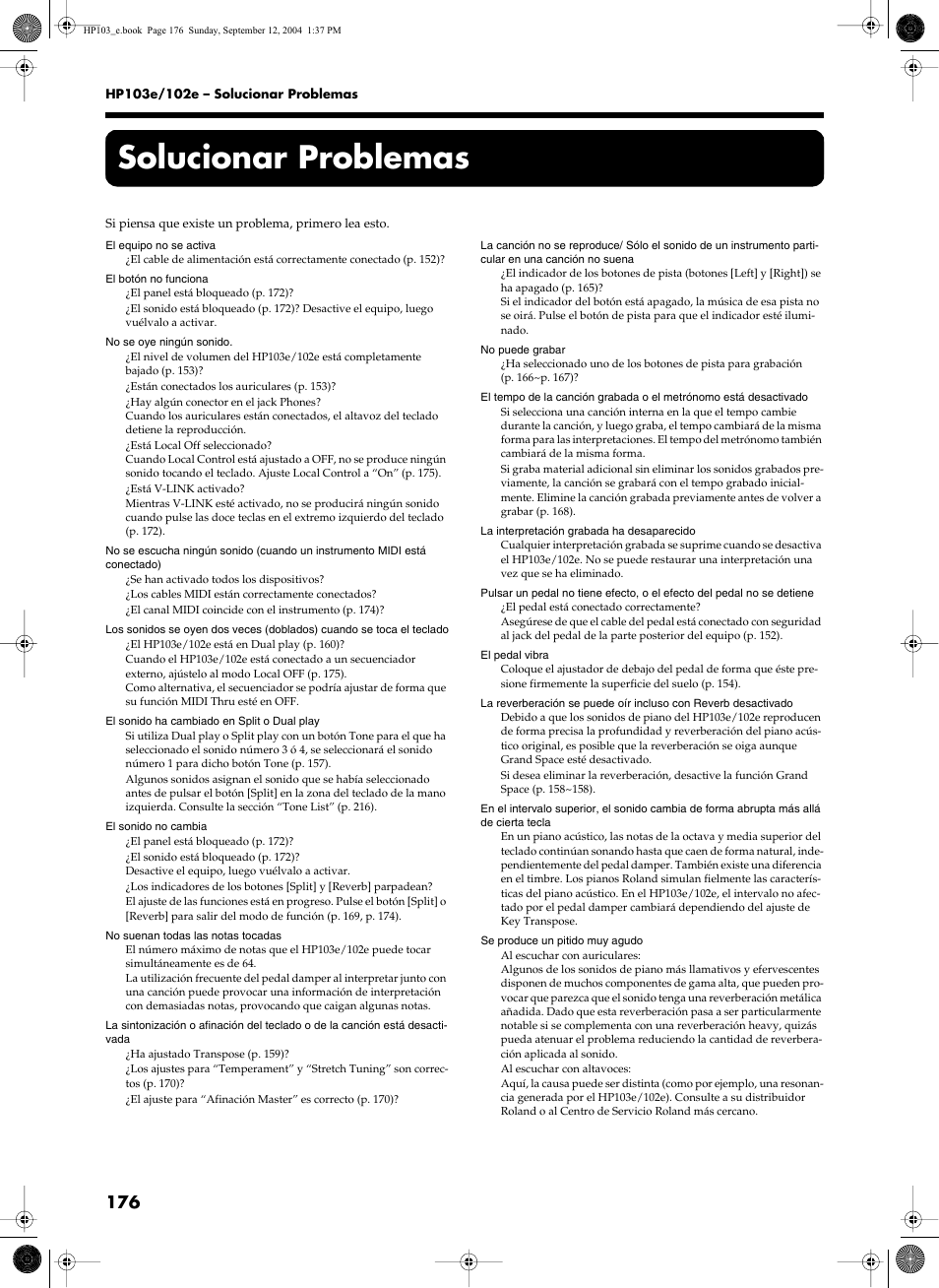 Solucionar problemas | Roland HP103e User Manual | Page 178 / 224