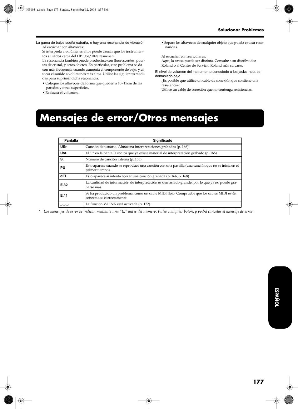 Mensajes de error/otros mensajes | Roland HP103e User Manual | Page 179 / 224