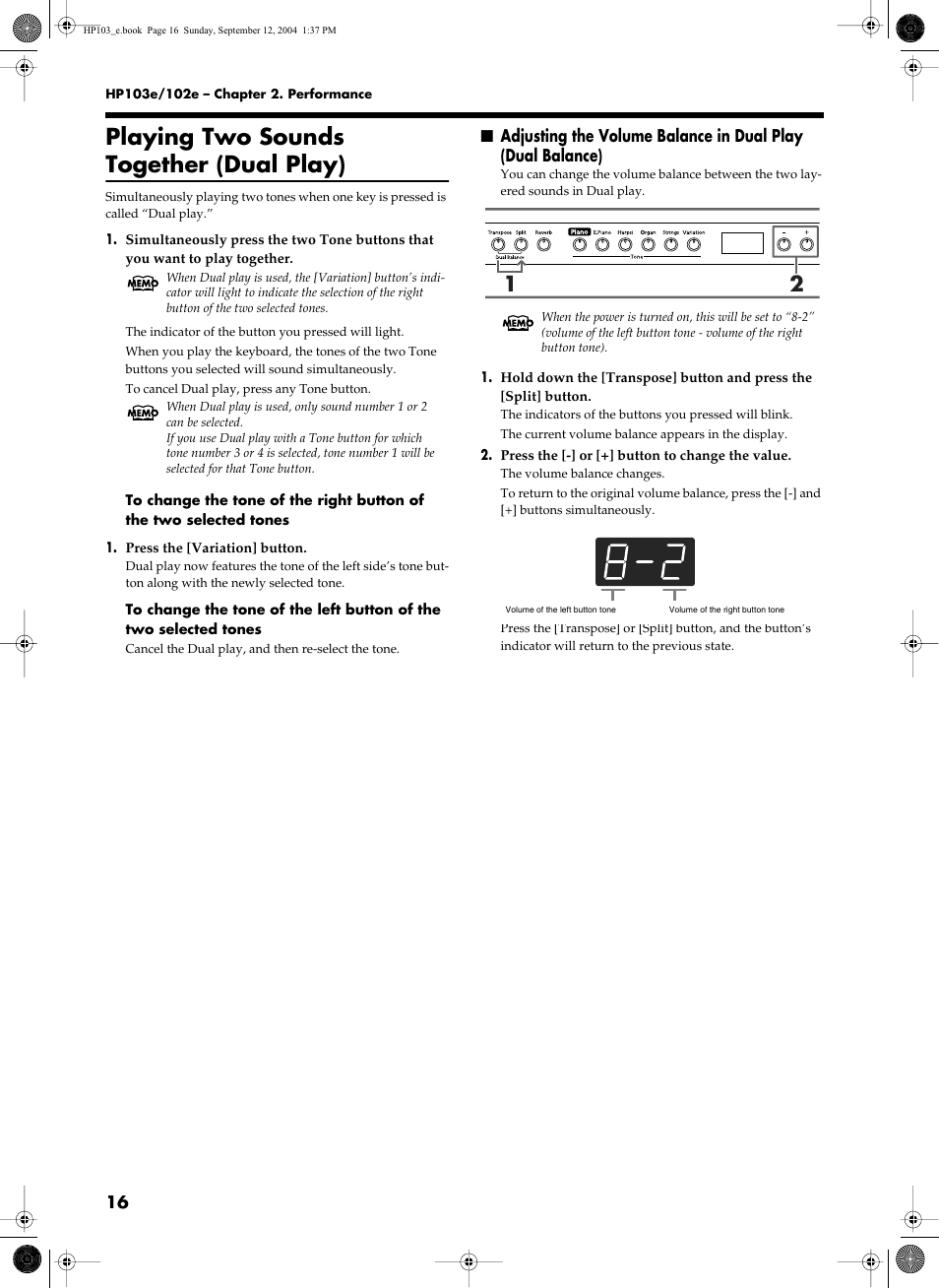 Playing two sounds together (dual play) | Roland HP103e User Manual | Page 18 / 224