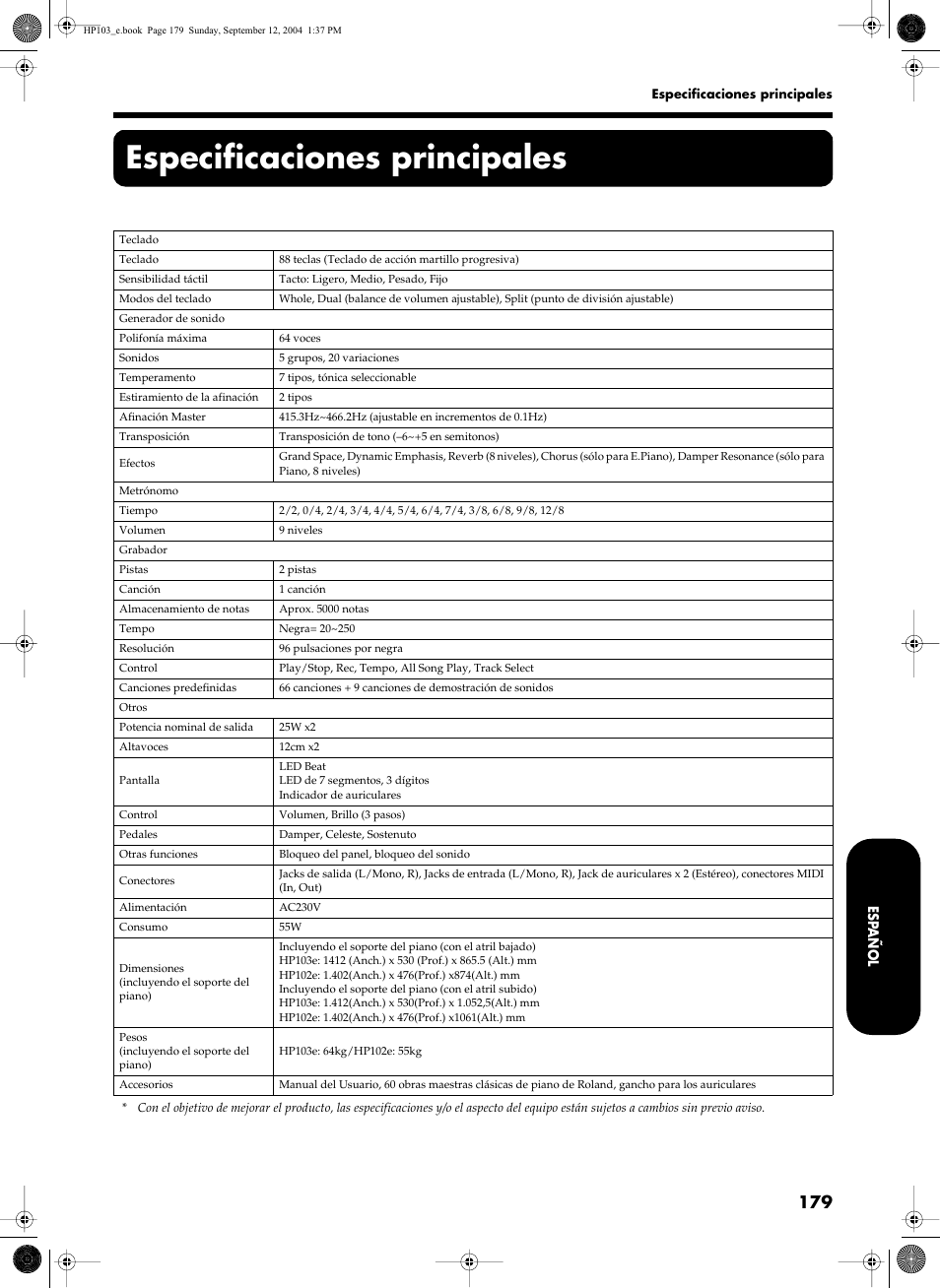 Especificaciones principales | Roland HP103e User Manual | Page 181 / 224