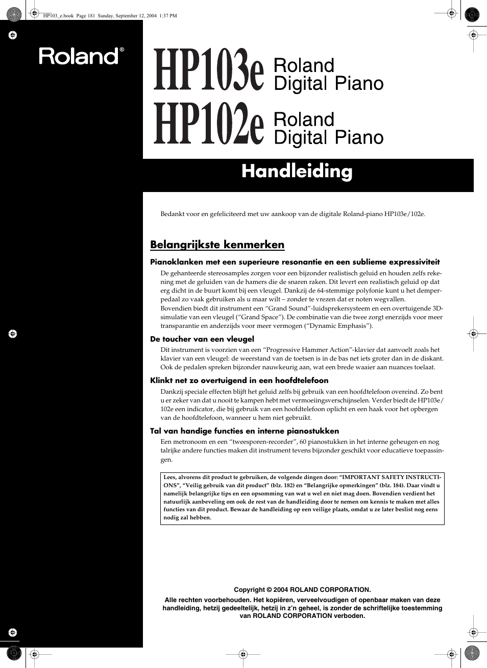 Handleiding, Belangrijkste kenmerken | Roland HP103e User Manual | Page 183 / 224