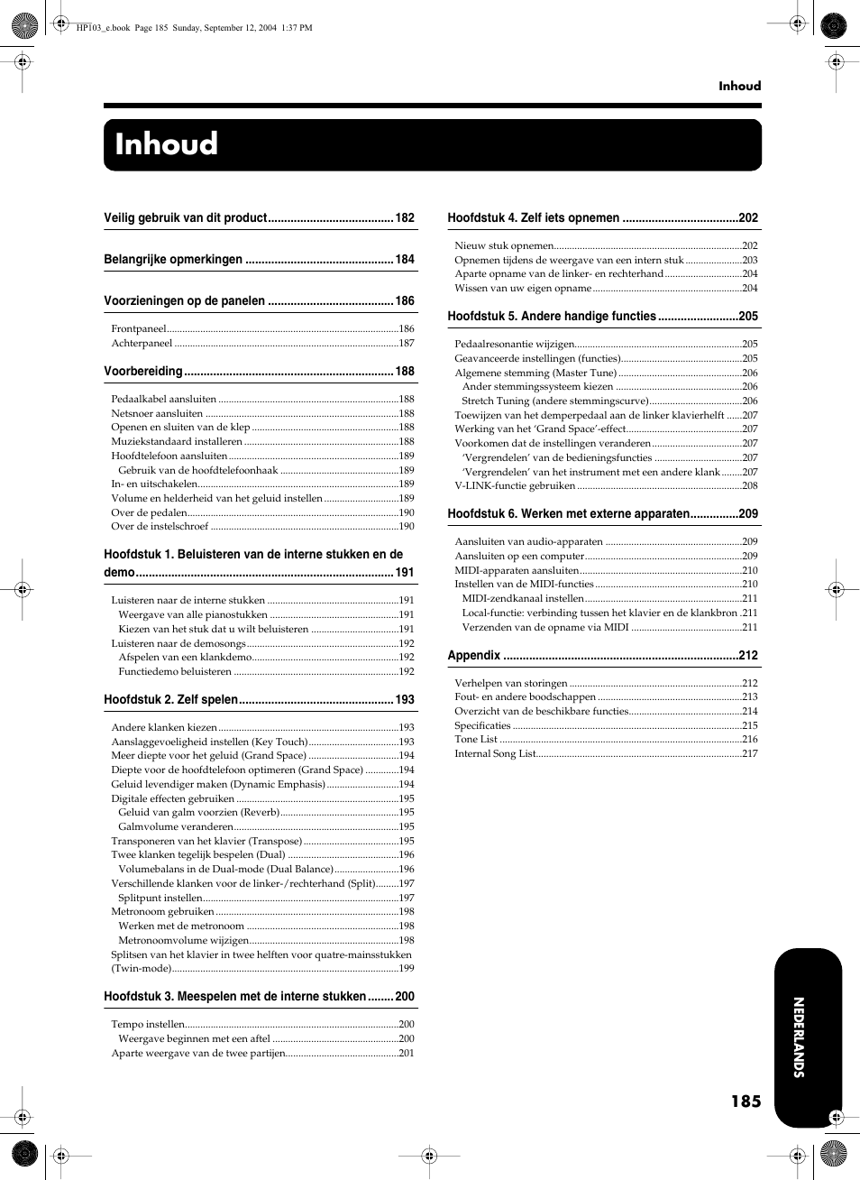 Inhoud | Roland HP103e User Manual | Page 187 / 224