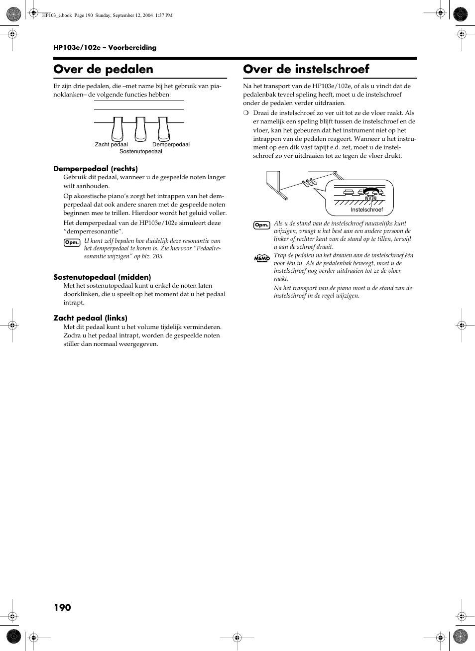 Over de pedalen, Over de instelschroef | Roland HP103e User Manual | Page 192 / 224