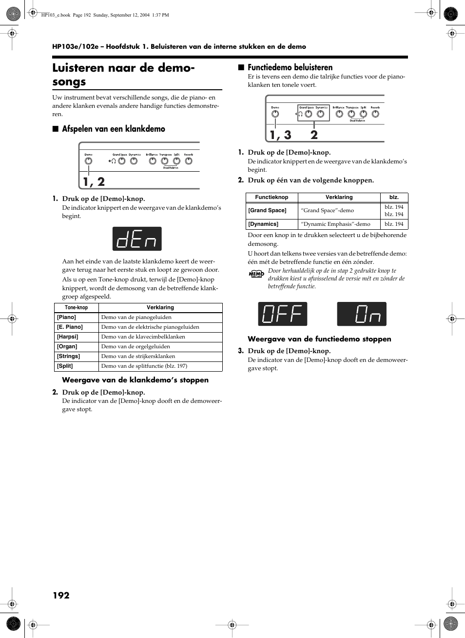 Luisteren naar de demo- songs, Afspelen van een klankdemo, Functiedemo beluisteren | Roland HP103e User Manual | Page 194 / 224