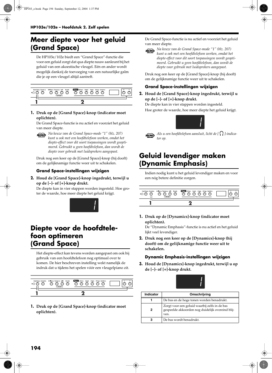 Meer diepte voor het geluid (grand space), Geluid levendiger maken (dynamic emphasis) | Roland HP103e User Manual | Page 196 / 224