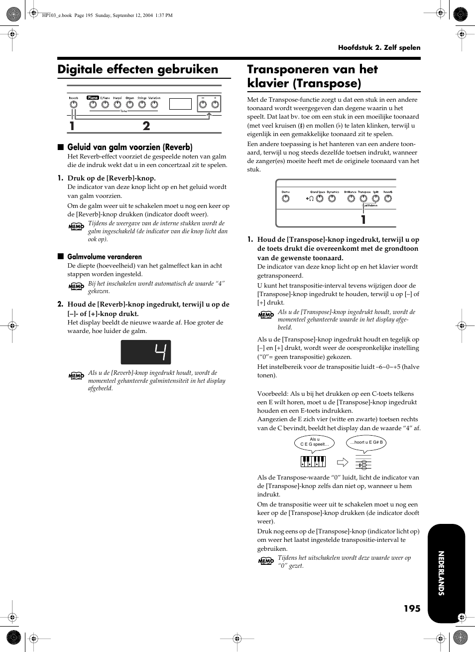 Digitale effecten gebruiken, Transponeren van het klavier (transpose) | Roland HP103e User Manual | Page 197 / 224