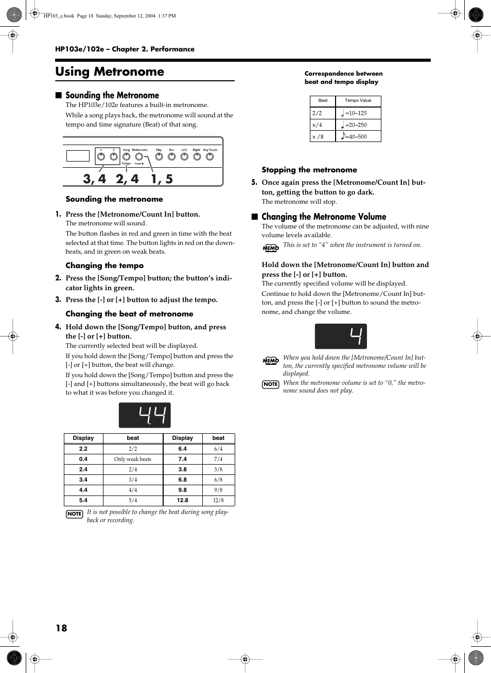 Using metronome, Sounding the metronome, Changing the metronome volume | Roland HP103e User Manual | Page 20 / 224