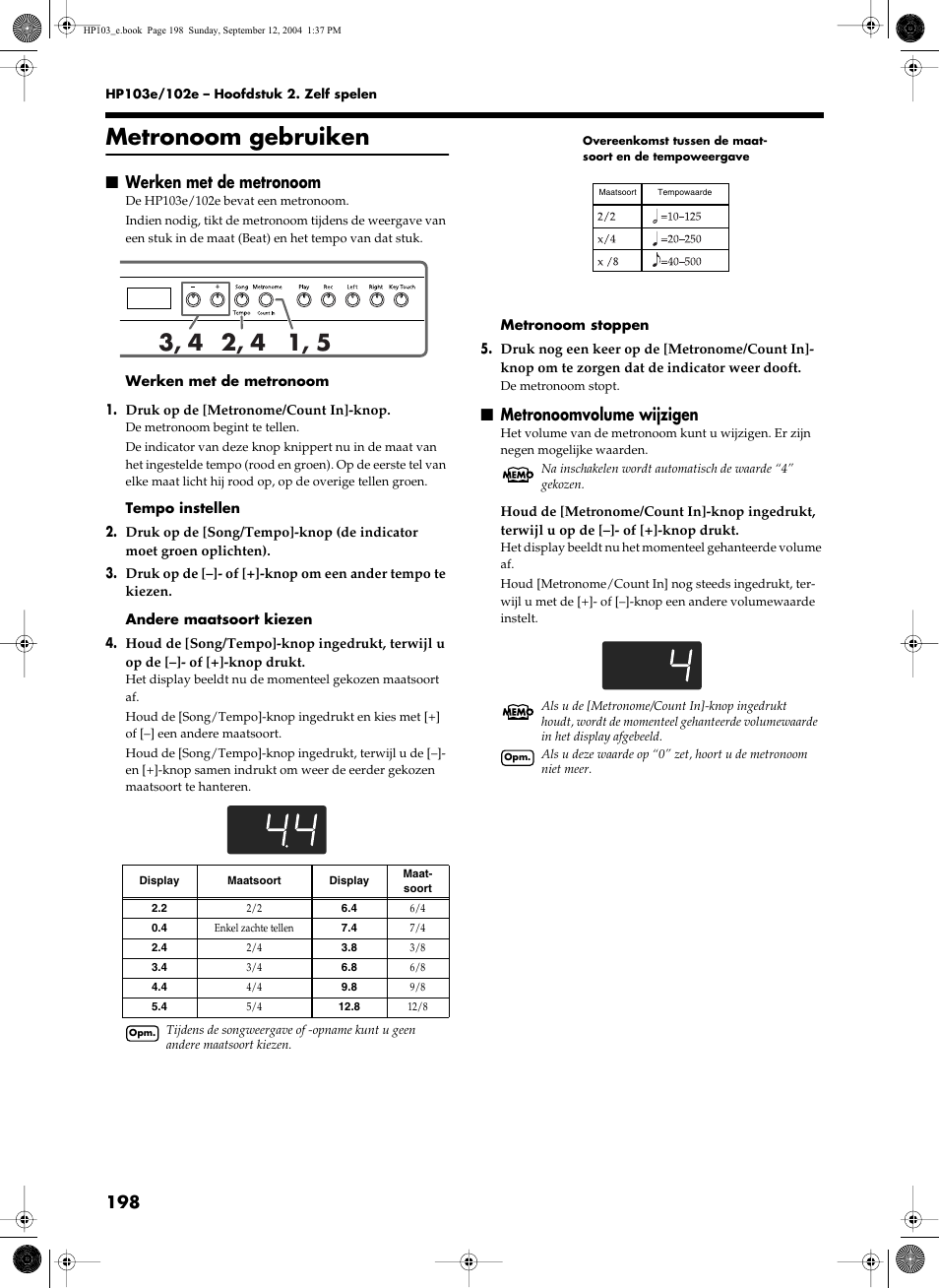 Metronoom gebruiken, Werken met de metronoom, Metronoomvolume wijzigen | Roland HP103e User Manual | Page 200 / 224