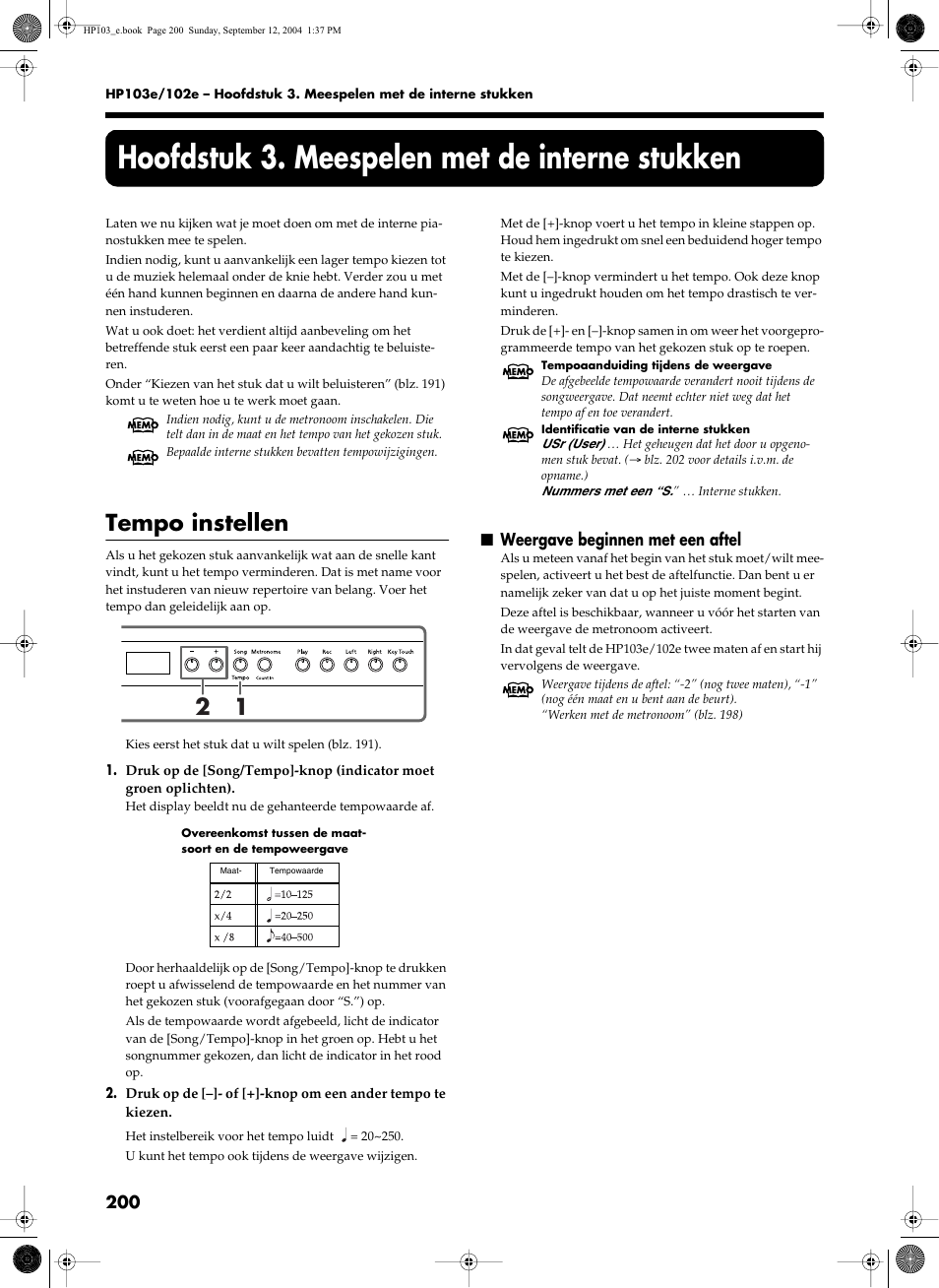 Hoofdstuk 3. meespelen met de interne stukken, Tempo instellen, Weergave beginnen met een aftel | Roland HP103e User Manual | Page 202 / 224