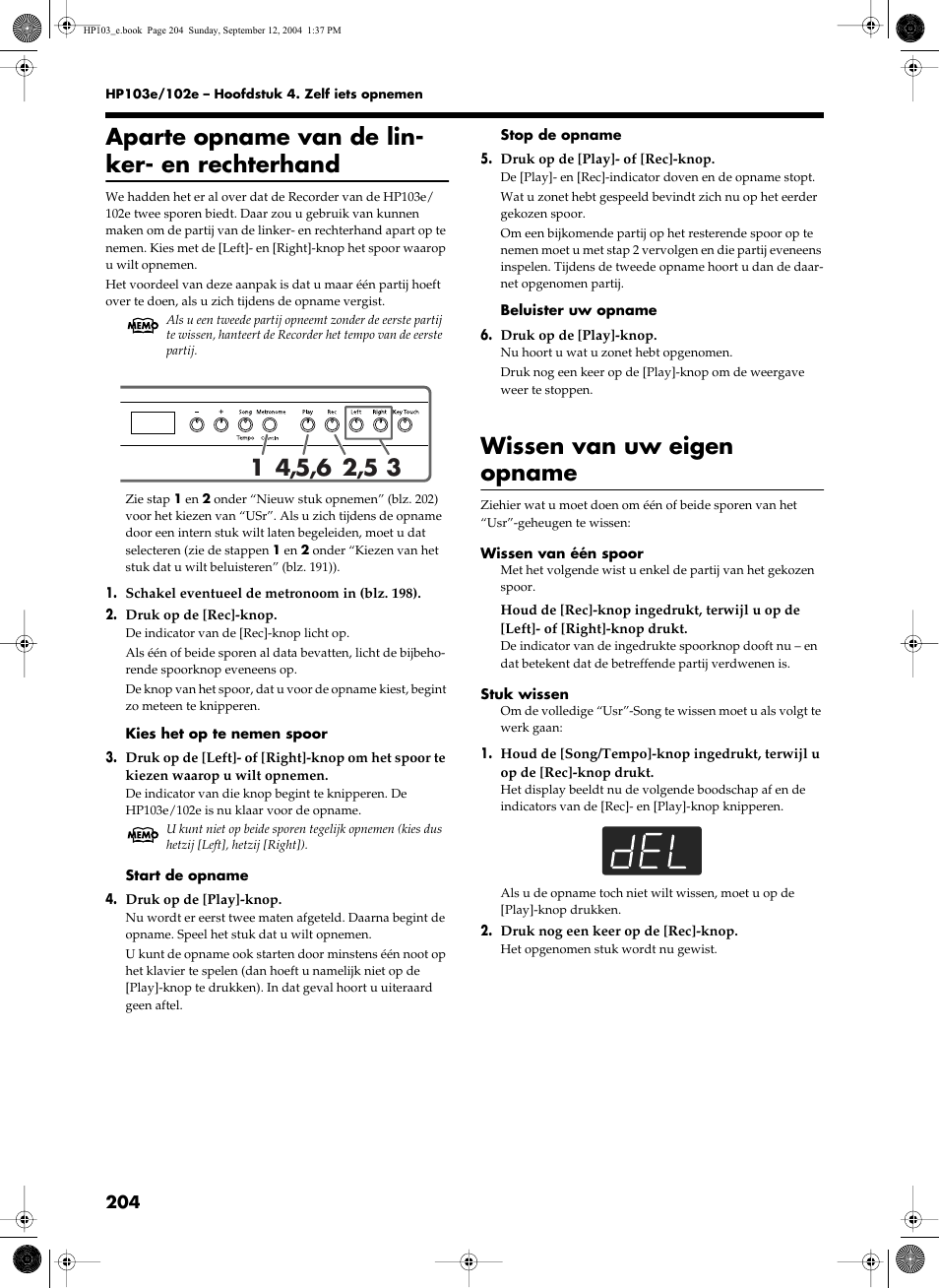 Aparte opname van de lin- ker- en rechterhand, Wissen van uw eigen opname | Roland HP103e User Manual | Page 206 / 224