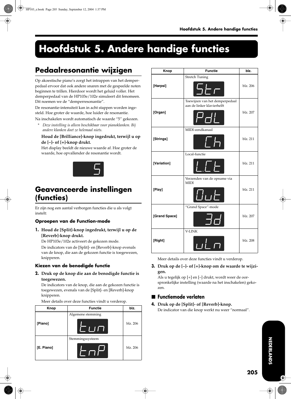 Hoofdstuk 5. andere handige functies, Pedaalresonantie wijzigen, Geavanceerde instellingen (functies) | Functiemode verlaten | Roland HP103e User Manual | Page 207 / 224