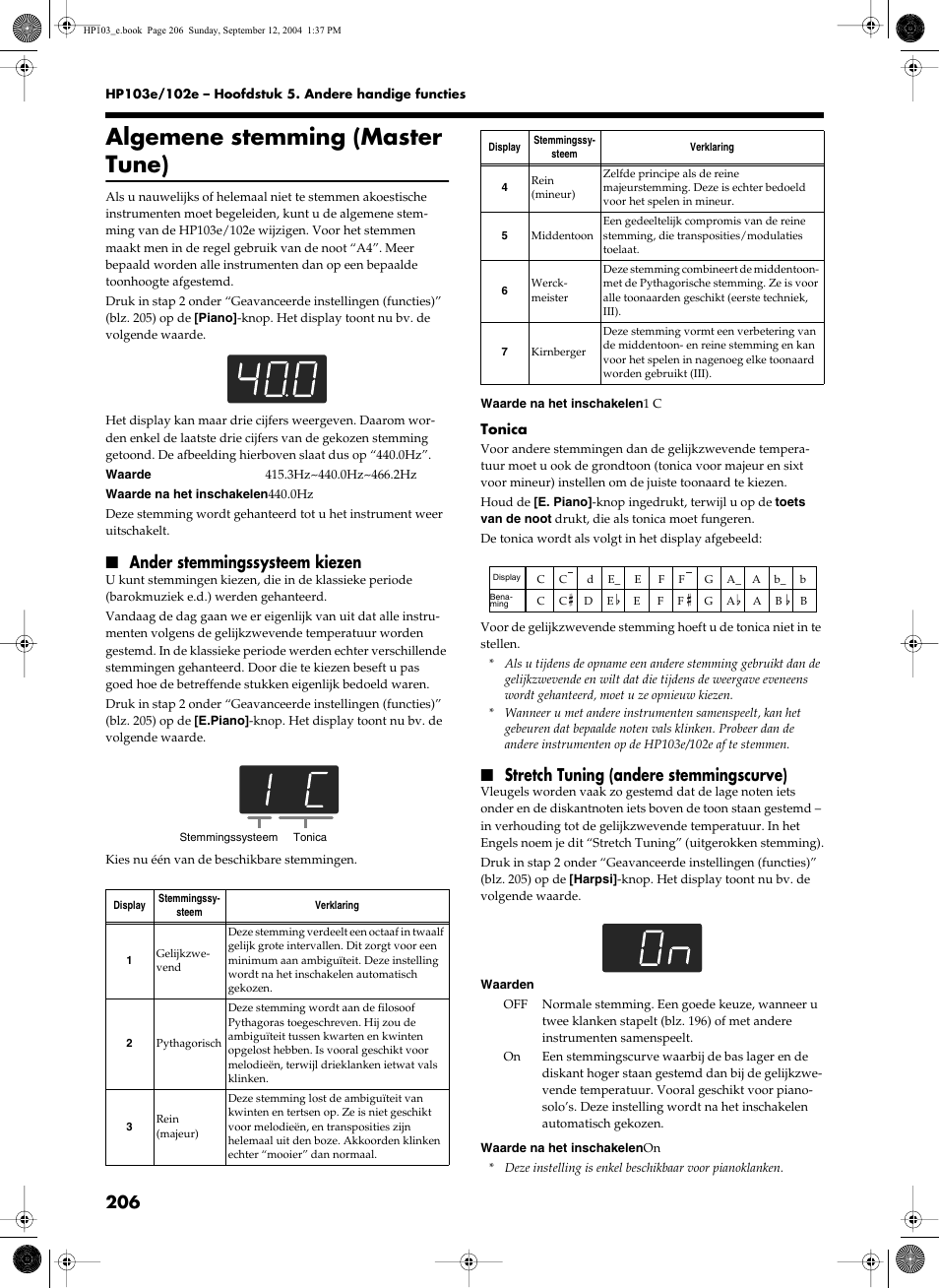 Algemene stemming (master tune), Ander stemmingssysteem kiezen, Stretch tuning (andere stemmingscurve) | Roland HP103e User Manual | Page 208 / 224