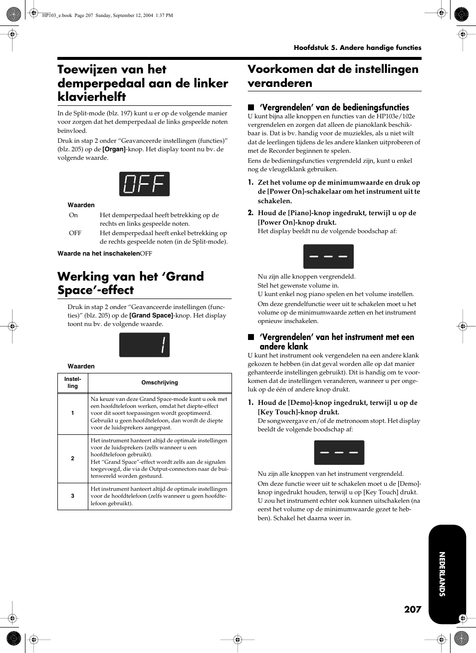 Werking van het ‘grand space’-effect, Voorkomen dat de instellingen veranderen, Vergrendelen’ van de bedieningsfuncties | Roland HP103e User Manual | Page 209 / 224