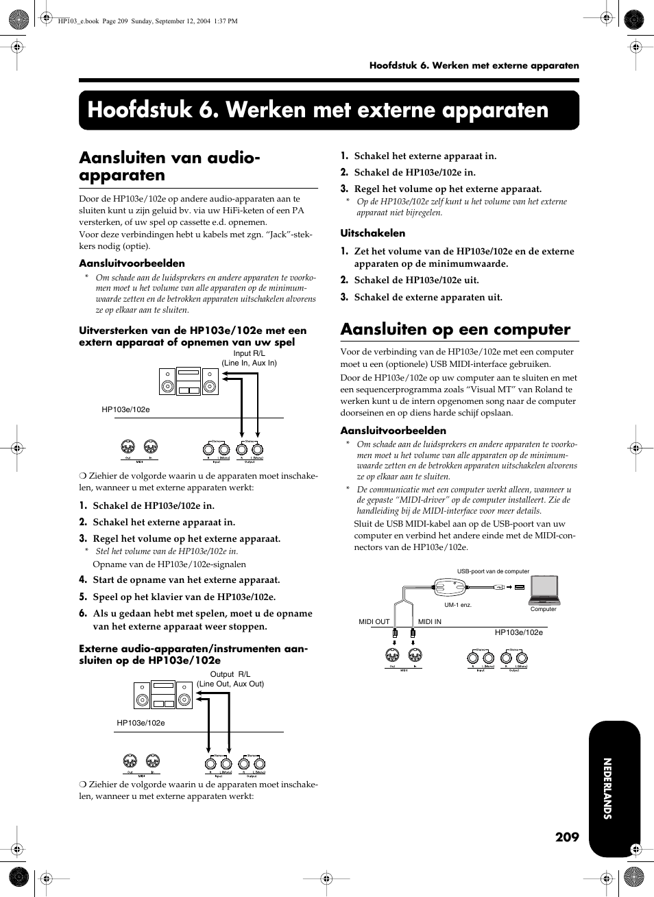 Hoofdstuk 6. werken met externe apparaten, Aansluiten van audio- apparaten, Aansluiten op een computer | Roland HP103e User Manual | Page 211 / 224