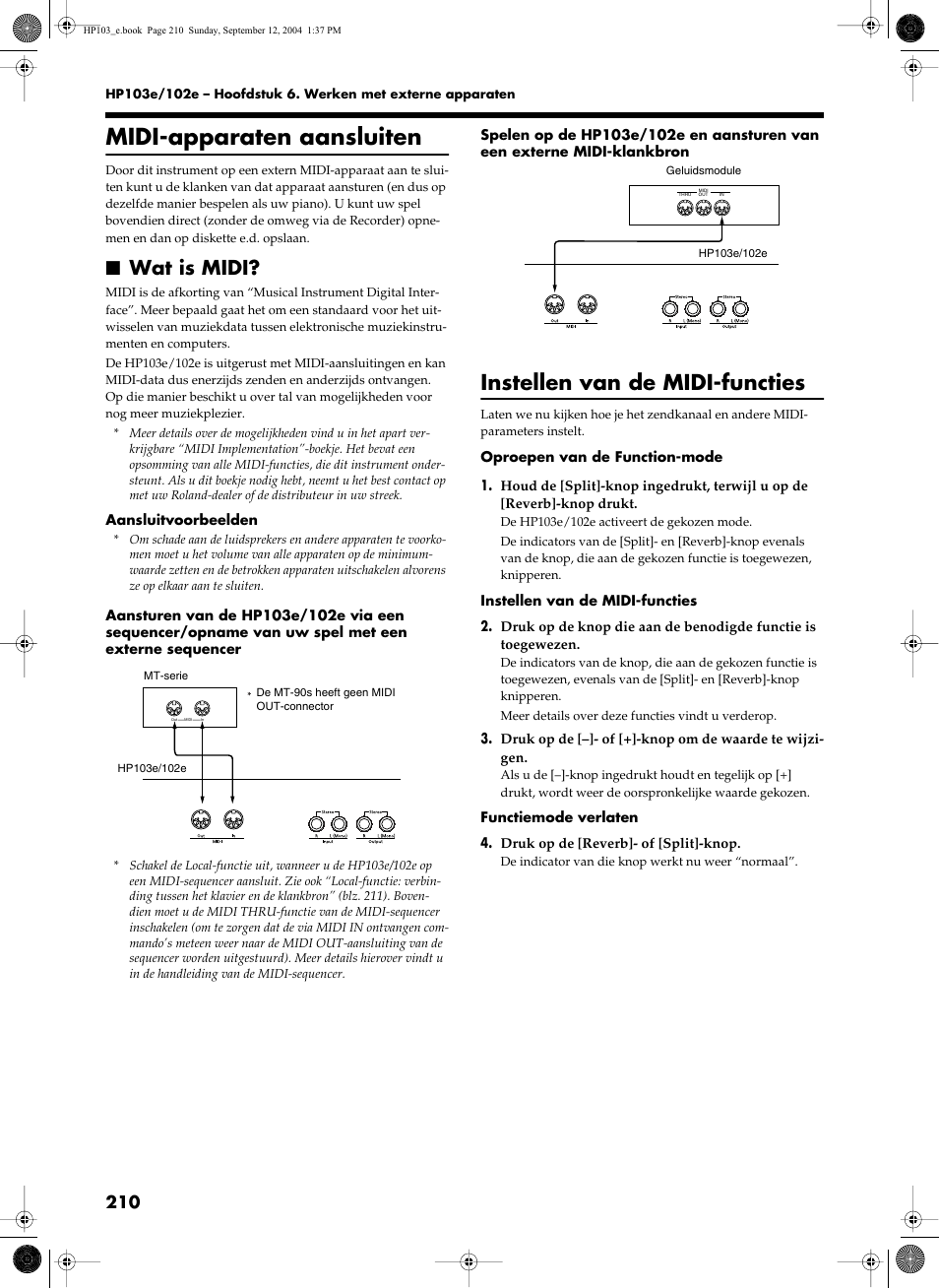 Midi-apparaten aansluiten, Instellen van de midi-functies, Wat is midi | Roland HP103e User Manual | Page 212 / 224