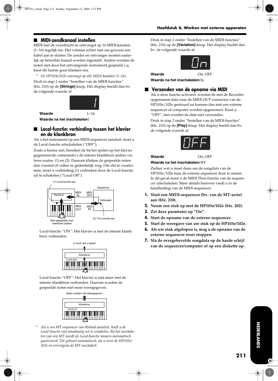 Midi-zendkanaal instellen, Verzenden van de opname via midi | Roland HP103e User Manual | Page 213 / 224