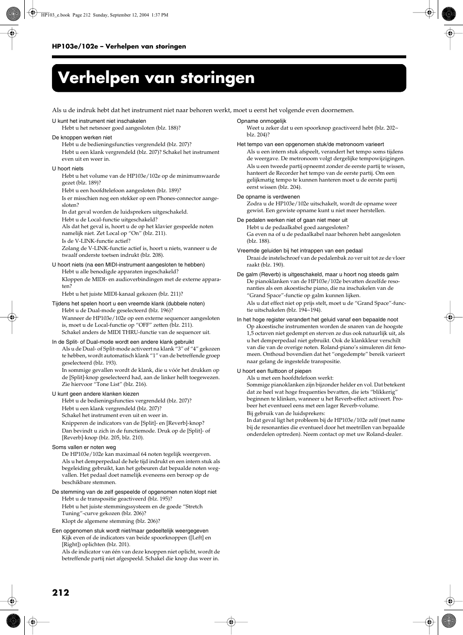 Verhelpen van storingen | Roland HP103e User Manual | Page 214 / 224