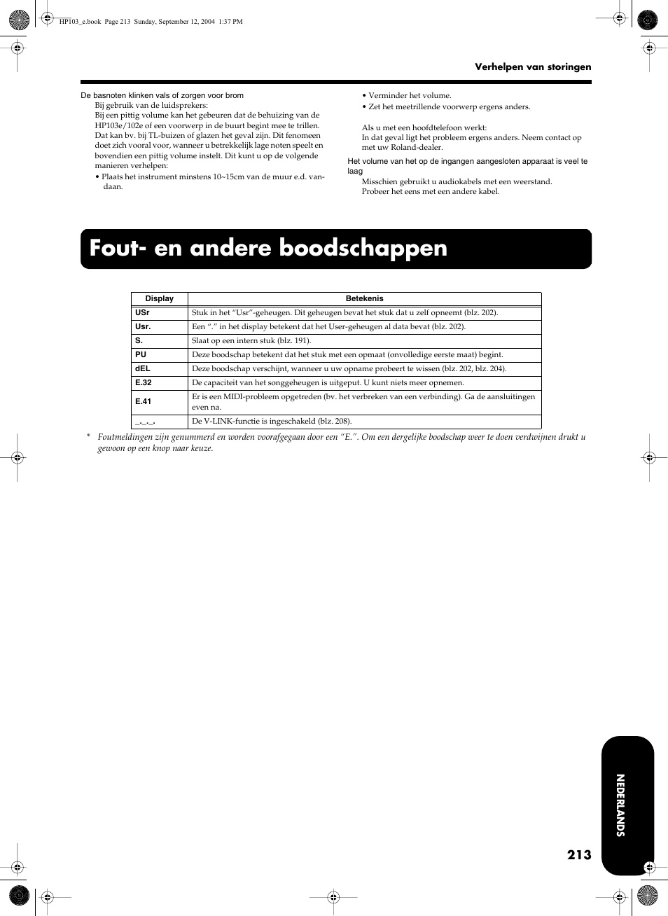 Fout- en andere boodschappen | Roland HP103e User Manual | Page 215 / 224