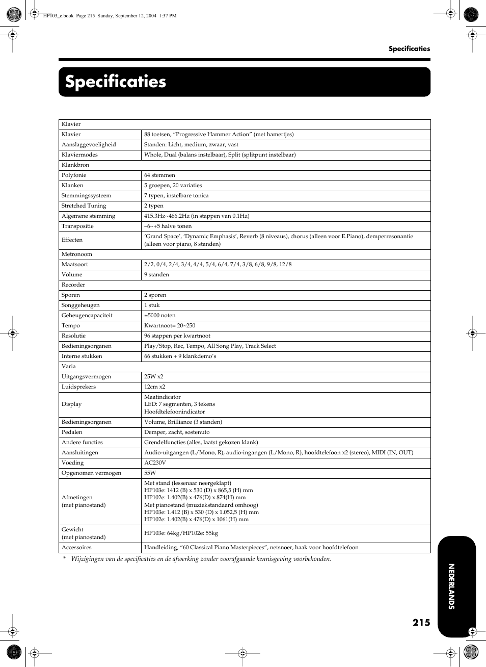 Specificaties | Roland HP103e User Manual | Page 217 / 224