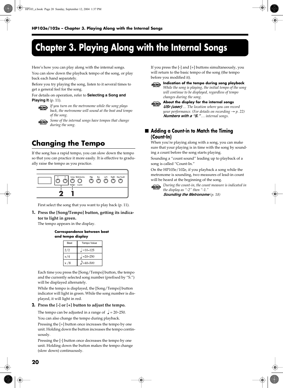 Chapter 3. playing along with the internal songs, Changing the tempo, Adding a count-in to match the timing (count-in) | Roland HP103e User Manual | Page 22 / 224