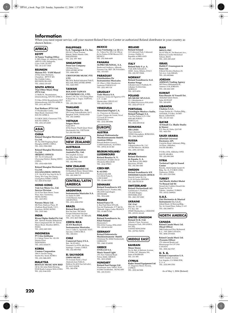 Information | Roland HP103e User Manual | Page 222 / 224