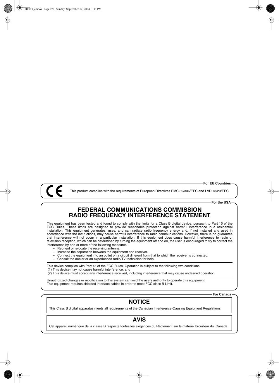 Notice avis | Roland HP103e User Manual | Page 223 / 224