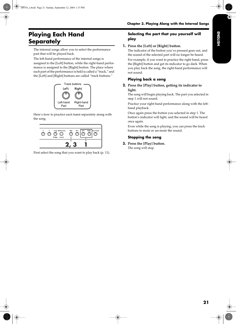 Playing each hand separately | Roland HP103e User Manual | Page 23 / 224