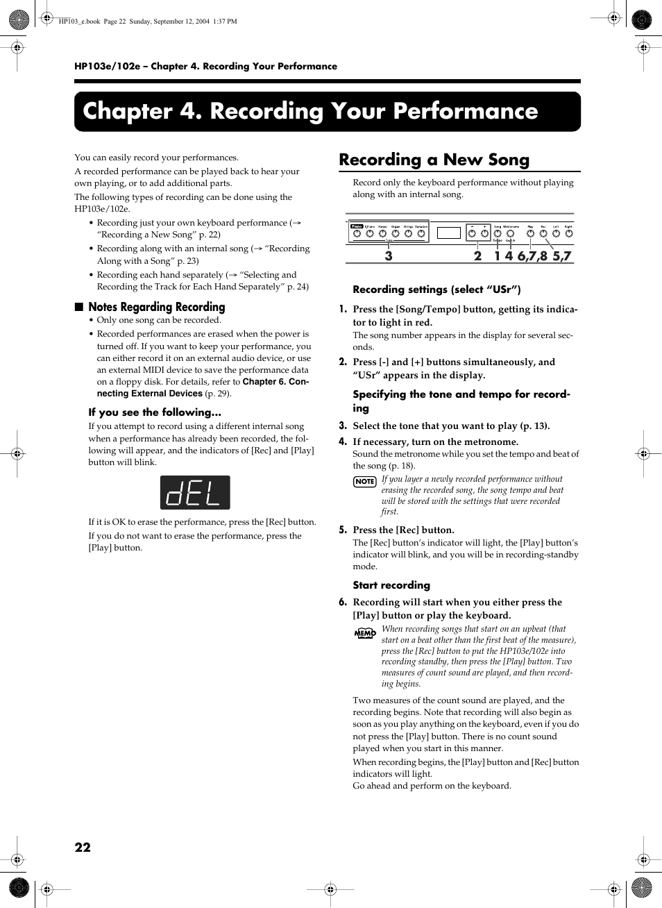 Chapter 4. recording your performance, Recording a new song | Roland HP103e User Manual | Page 24 / 224