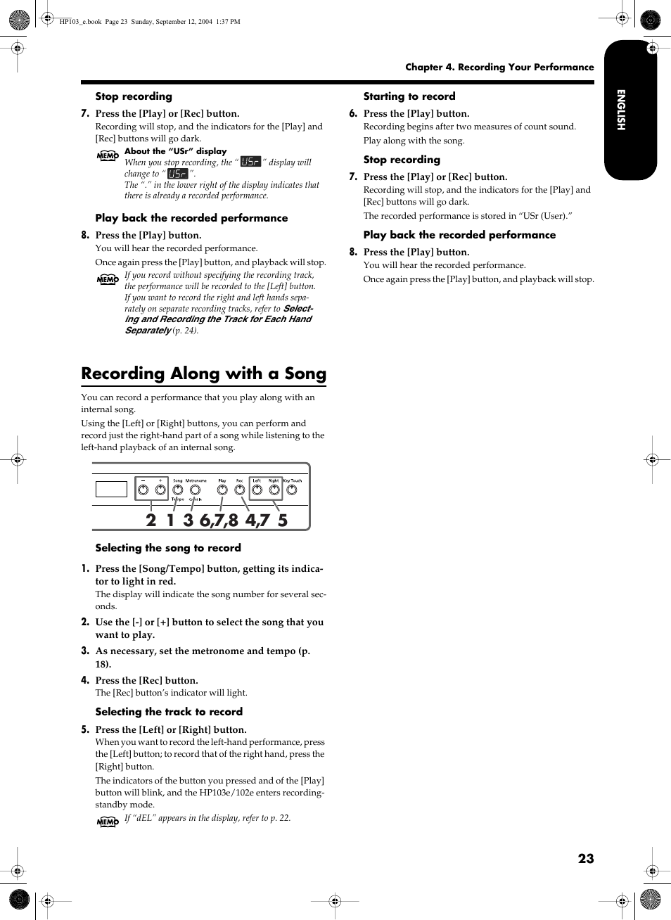 Recording along with a song | Roland HP103e User Manual | Page 25 / 224