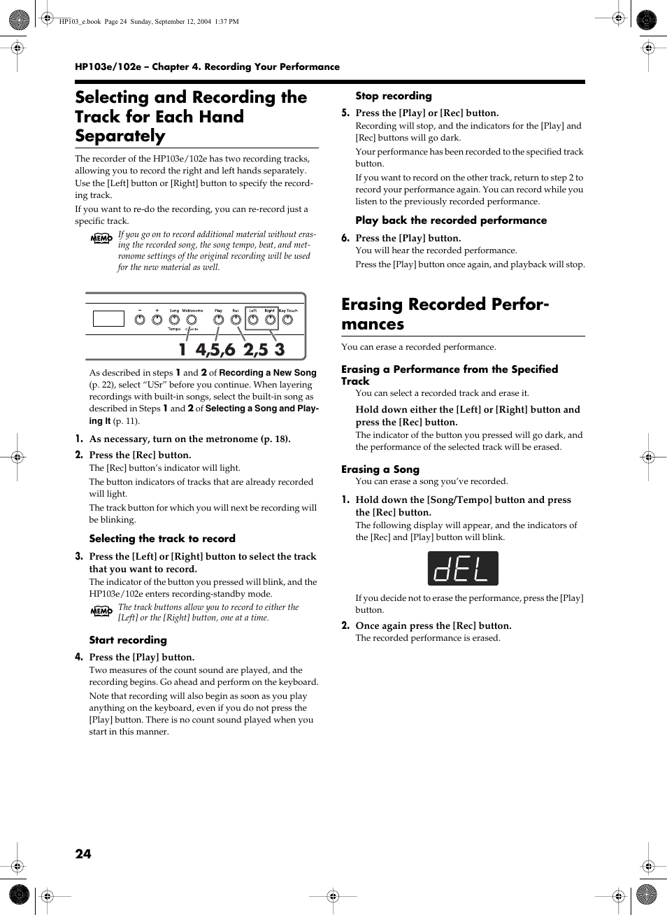 Erasing recorded perfor- mances | Roland HP103e User Manual | Page 26 / 224