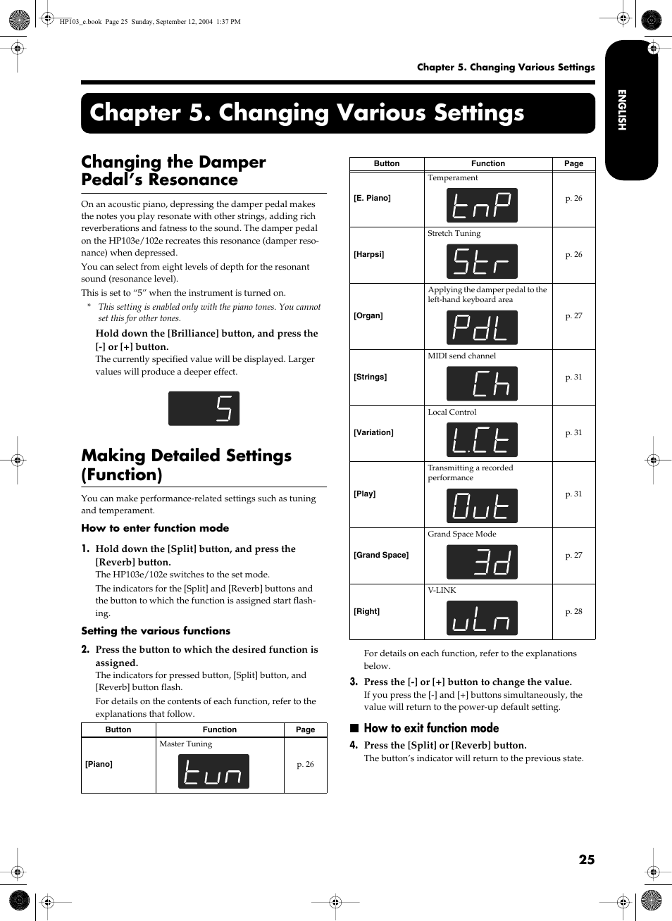 Chapter 5. changing various settings, Changing the damper pedal’s resonance, Making detailed settings (function) | How to exit function mode | Roland HP103e User Manual | Page 27 / 224