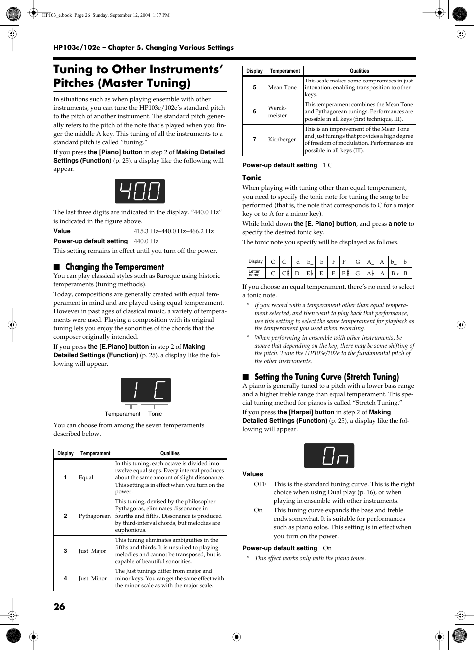 Changing the temperament, Setting the tuning curve (stretch tuning) | Roland HP103e User Manual | Page 28 / 224