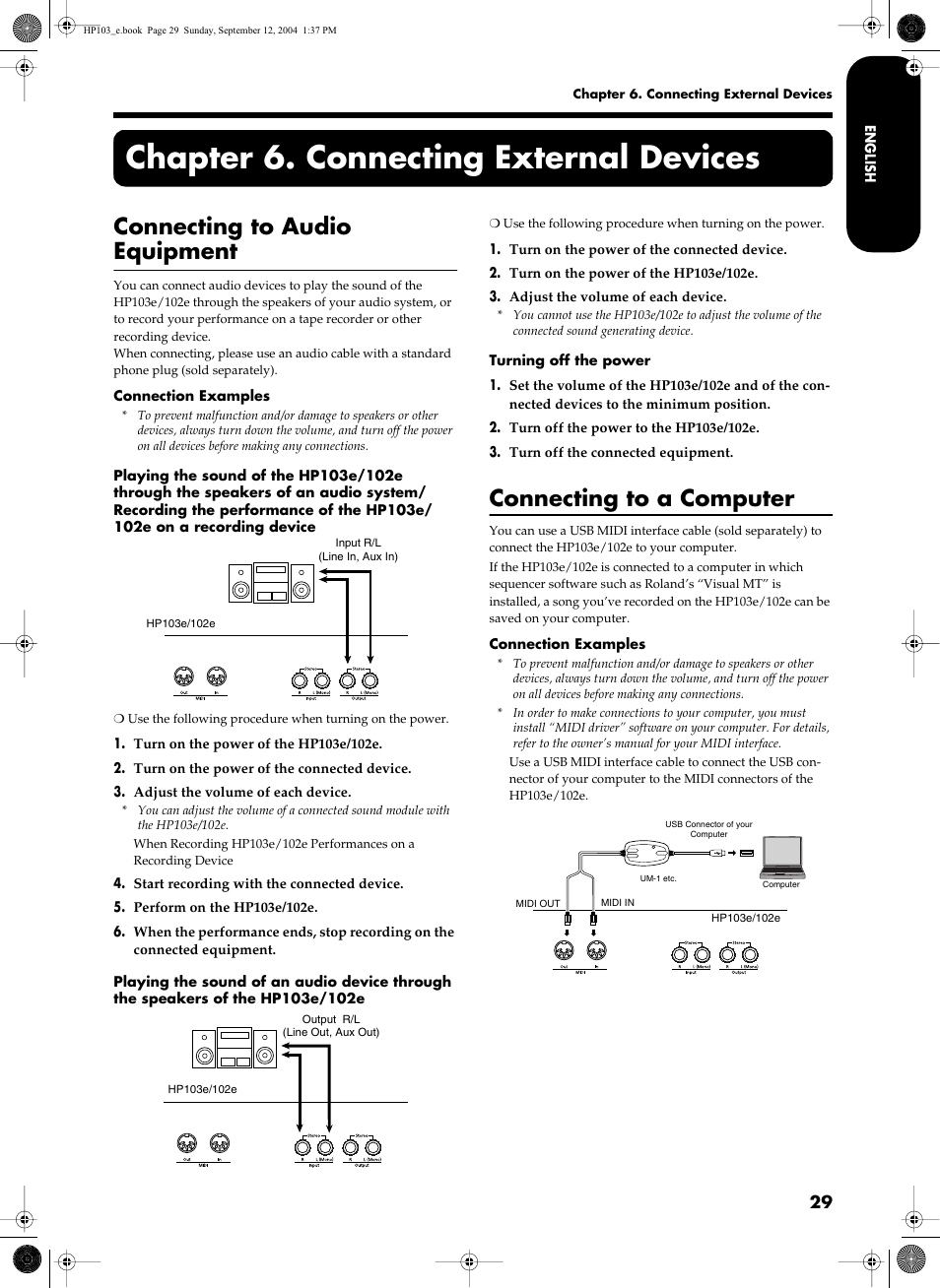 Chapter 6. connecting external devices, Connecting to audio equipment, Connecting to a computer | Roland HP103e User Manual | Page 31 / 224